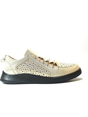 Onlo Ayakkabı F.23C Deri Bej Lastik Bağ Ortopedik Günlük Kadın Ayakkabı