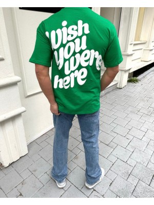Amor Man Büyük Beden Özel Tasarım Wısh You Were Here Baskılı %100 Pamuk Oversize Erkek T-Shırt