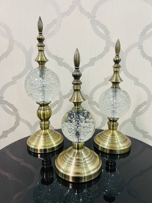 Furkan Dekoratif Damlalı Cam Küre Bronz Cam Üçlü Obje