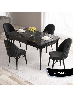 Canisa Concept Roz Serisi 80X132 Mdf Açılabilir Siyah Mermer Desen Mutfak Masası Takımı 4 Sandalye Gold Halkalı