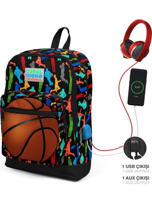 Yaygan Coral High Kids Siyah Basketbol Desenli Dört Bölmeli USB Şarjlı Kulaklık Çıkışlı Okul Sırt Çantası 23281
