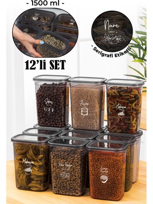 Vienev Beyaz Serigrafi Etiketli 12LI Peggy Dikdörtgen Saklama Kabı Seti 1500 ml Antrasit