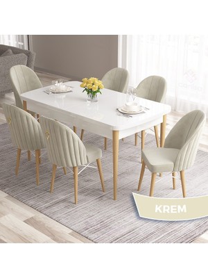 Canisa Concept Roz Serisi 80X132 Mdf Beyaz Mutfak Masası Takımı Beyaz Kafesli 6 Sandalye Gold Halkalı