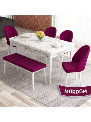 Elf Serisi 80X132 Açılabilir Beyaz Mermer Desen Mutfak Masası Takımı 4 Sandalye 1 Bench Gold Halkalı