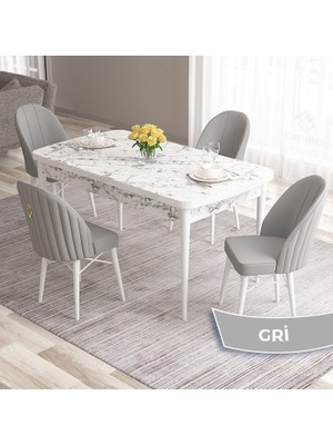 Canisa Concept Roz Serisi 80X132 Mdf Açılabilir Beyaz Mermer Desen Mutfak Masası Takımı 4 Sandalye Gold Halkalı