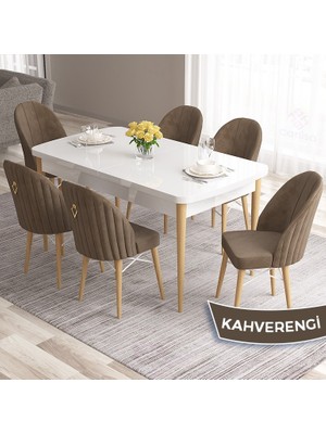 Canisa Concept Roz Serisi 80X132 Mdf Beyaz Mutfak Masası Takımı Beyaz Kafesli 6 Sandalye Gold Halkalı
