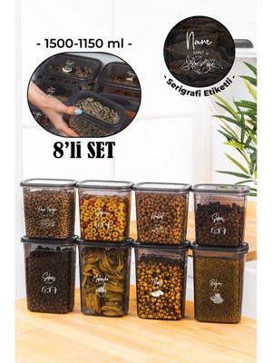 Vienev Beyaz Serigrafi Etiketli 8li Peggy Dikdörtgen Saklama Kabı Seti 4X(1500-1150 Ml) Antrasit