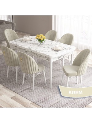 Canisa Concept Roz Serisi 80X132 Mdf Açılabilir Beyaz Mermer Desen Mutfak Masası Takımı 6 Sandalye Gold Halkalı