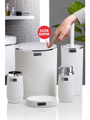 Okyanus Home Beyaz Kromlu Çizgili Yuvarlak 5'li Banyo Seti