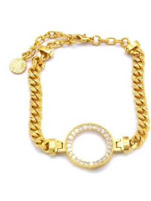 Ferizz Altın Kaplama Çeyrek Çerçeve Lazerli Zincir Kollu Bileklik BLK-848