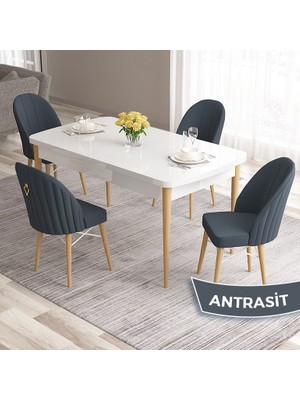 Canisa Concept Roz Serisi 80X132 Mdf Beyaz Mutfak Masası Takımı Beyaz Kafesli 4 Sandalye Gold Halkalı