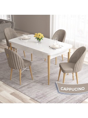 Canisa Concept Roz Serisi 80X132 Mdf Beyaz Mutfak Masası Takımı Beyaz Kafesli 4 Sandalye Gold Halkalı
