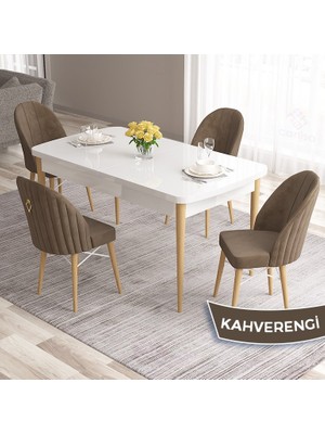 Canisa Concept Roz Serisi 80X132 Mdf Beyaz Mutfak Masası Takımı Beyaz Kafesli 4 Sandalye Gold Halkalı