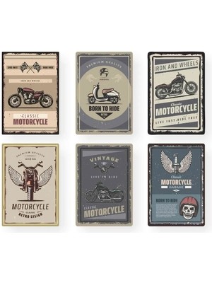 Trend Poster Motorsiklet Motorcu 6'lı Duvar Tablosu Retro Ahşap Poster