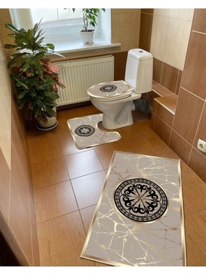 Modern Home Motifli Tasarım 3'lü Banyo Paspası, Klozet Takımı Kaymaz Taban Dijital 60X100-50X60