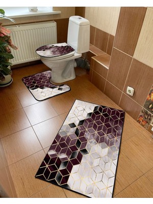 Modern Home Geometrik Desen 3'lü Set Banyo Paspası, Klozet Takımı Kaymaz Taban Dijital Baskı  60X100 - 50X60