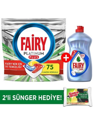Fairy Platinum Plus 75'li Kapsül ve 500 ml Sıvı Bulaşık Deterjanı Limon Kokulu Durulama Gerektirmez