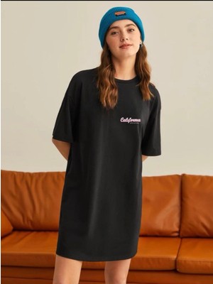 Laluvia Siyah Kadın California Baskılı T-Shirt Elbise