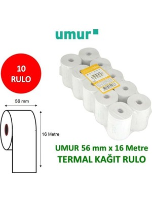 Umur Yazar Kasa Rulosu Termal 10'lu 56 mm x 16 Metre Beyaz Renkli Kağıt