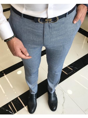 italyan kesim slim fit balıksırtı desen erkek pantolon mavi T9460