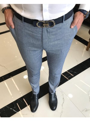 italyan kesim slim fit balıksırtı desen erkek pantolon mavi T9460