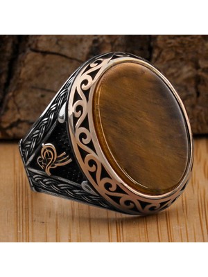 Takıhan Kaplangözü Taşlı Tuğra Detaylı 925 Ayar Gümüş Yüzük