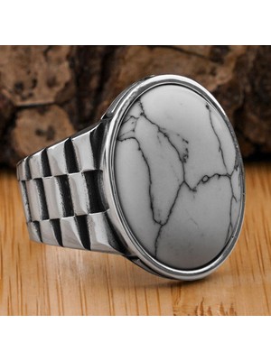 Takıhan Beyaz Firuze Taşlı Saat Kordon Tasarımlı Gümüş Erkek Yüzük