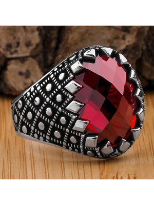 Takıhan Kırmızı Zirkon Taşlı Desenli 925 Ayar Gümüş Yüzük