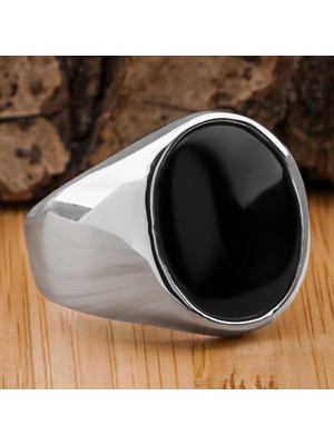 Takıhan Siyah Oval Oniks Taşlı Parlak 925 Ayar Gümüş Yüzük
