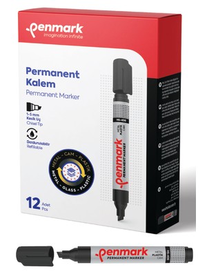 Penmark Permanent Marker Kesik Uç Kalem 1-5 mm Siyah 12'li