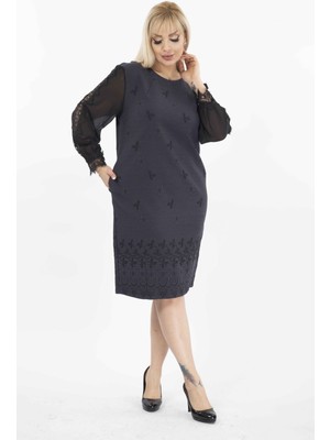 Modayız Jakarlı Kumaş Tül Kol Büyük Beden Cepli Fermuarlı Elbise G10-2075