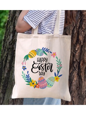 Bk Gift Happy Easter Tasarımlı Kanvas Bez Çanta, Baskılı Omuz Çantası, Alışveriş Çantası, Plaj Çantası, Arkadaşa Hediye-1