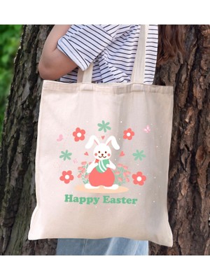 Bk Gift Happy Easter Tasarımlı Kanvas Bez Çanta, Baskılı Omuz Çantası, Alışveriş Çantası, Plaj Çantası, Arkadaşa Hediye-9
