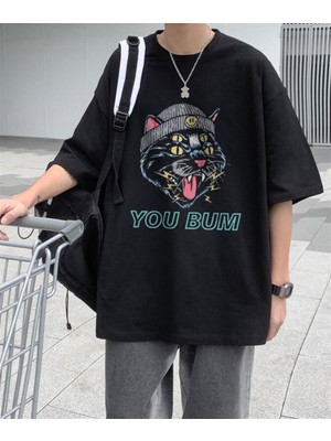 Touz Moda  You Bum Cat Baskılı Siyah Unisex Oversize T-Shirt