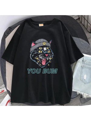 Touz Moda  You Bum Cat Baskılı Siyah Unisex Oversize T-Shirt