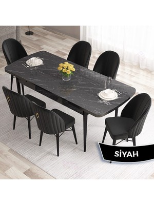 Canisa Concept Roz Serisi 80X132 Mdf Açılabilir Siyah Mermer Desen Mutfak Masası Takımı 6 Sandalye Gold Halkalı