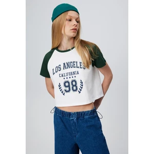 Baskılı Reglan Kol Crop T-Shırt