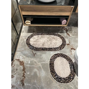 2 'li Leoar Desen Oval Banyo Paspası - Kahverengi Ebat (60X100 - 60X50)
