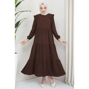 Hafsa Mina Omuzu Fırfırlı Ayrobin Tesettür Elbise Kahverengi