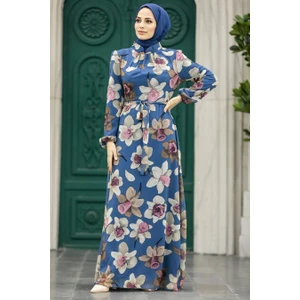 Neva Style - Çiçek Desenli Indigo Mavisi Tesettür Elbise 279325IM