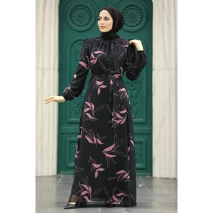 Neva Style - Yaprak Desenli Gül Kurusu Tesettür Elbise 279315GK