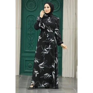 Neva Style - Yaprak Desenli Gri Tesettür Elbise 279315GR