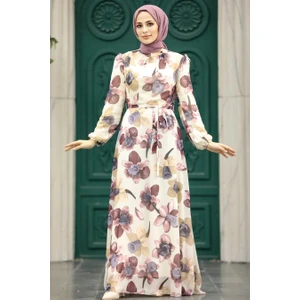 Neva Style - Çiçek Desenli Gül Kurusu Tesettür Elbise 279325GK