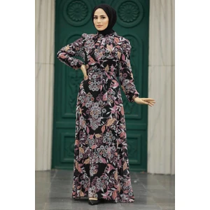 Neva Style - Çiçek Desenli Gül Kurusu Tesettür Elbise 27950GK