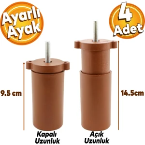 4 Adet) Ayarlanabilir 9.5 cm Kahverengi Mobilya Kanepe Baza Koltuk Vidalı Orta Ayarlı Destek Ayağı Ayakları