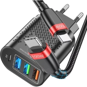 C5 Type-C+3 Usb Girişli Şarj Adaptörü + C2 Type-C To Type-C 5A/100W Şarj Kablosu -2mt