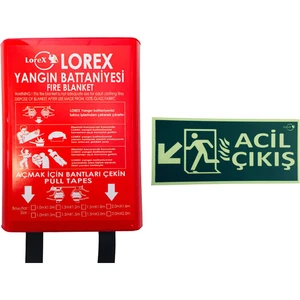 LR-FB1015B Yangın Battaniyesi 100CM x 150CM Kutulu ve Lorex Lr-Fld Fosforlu Yön Levhası Acil Çıkış (Sol Aşağı Yön)