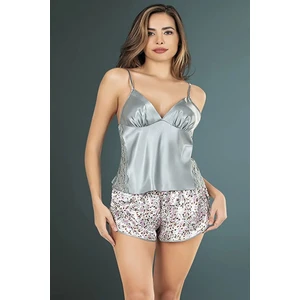 1530 Kadın Saten Ip Askılı Şortlu Pijama Takımı-Gri