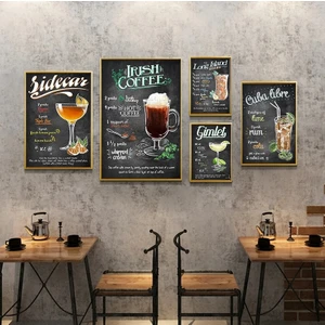 Trend Poster Kahve ve Kokteyl Içecekler Coffee Bar Köşesi Için Duvar Tablosu Retro Ahşap Poster