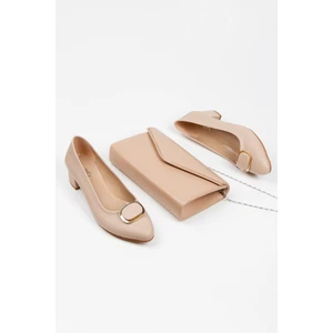 MFT Ayakkabı Kadın Kısa Topuklu Şık Tokalı Günlük Ayakkabı ve Çanta Takımı Nude
